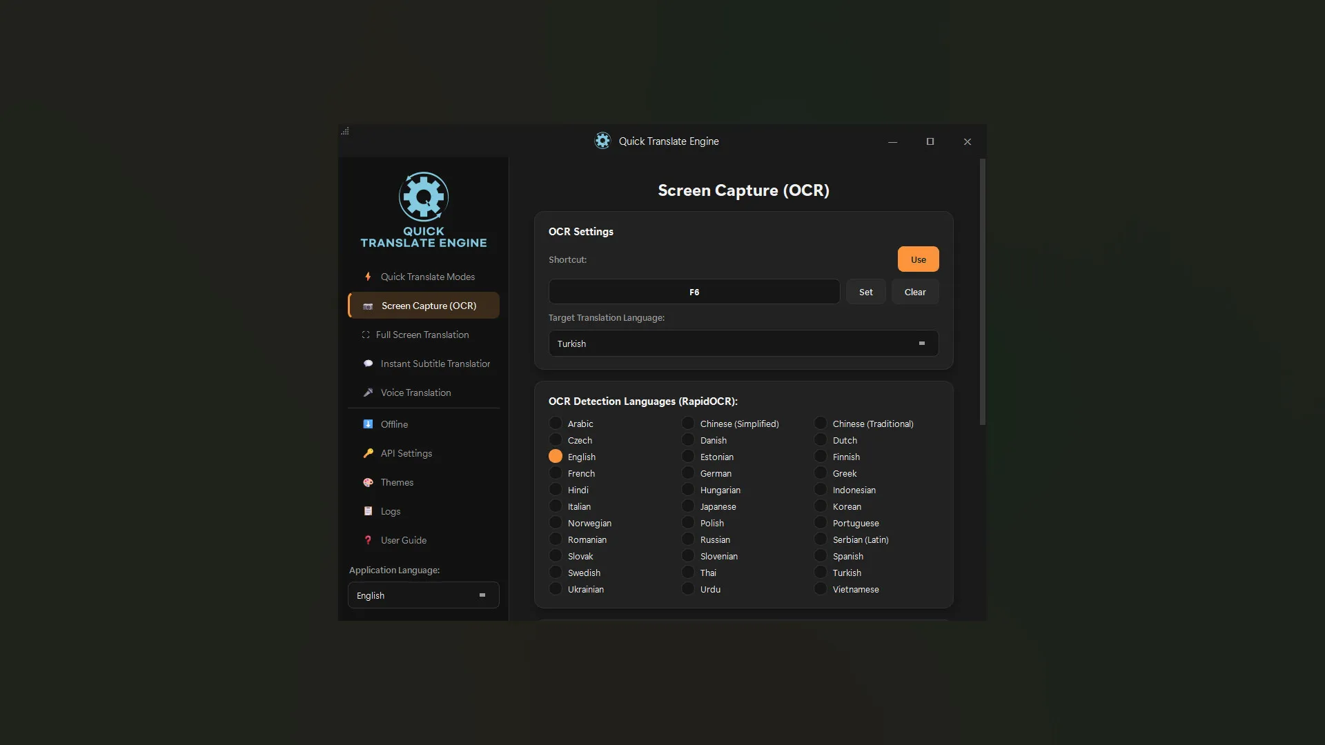 Quick Translate Engine ayarlar ekranı